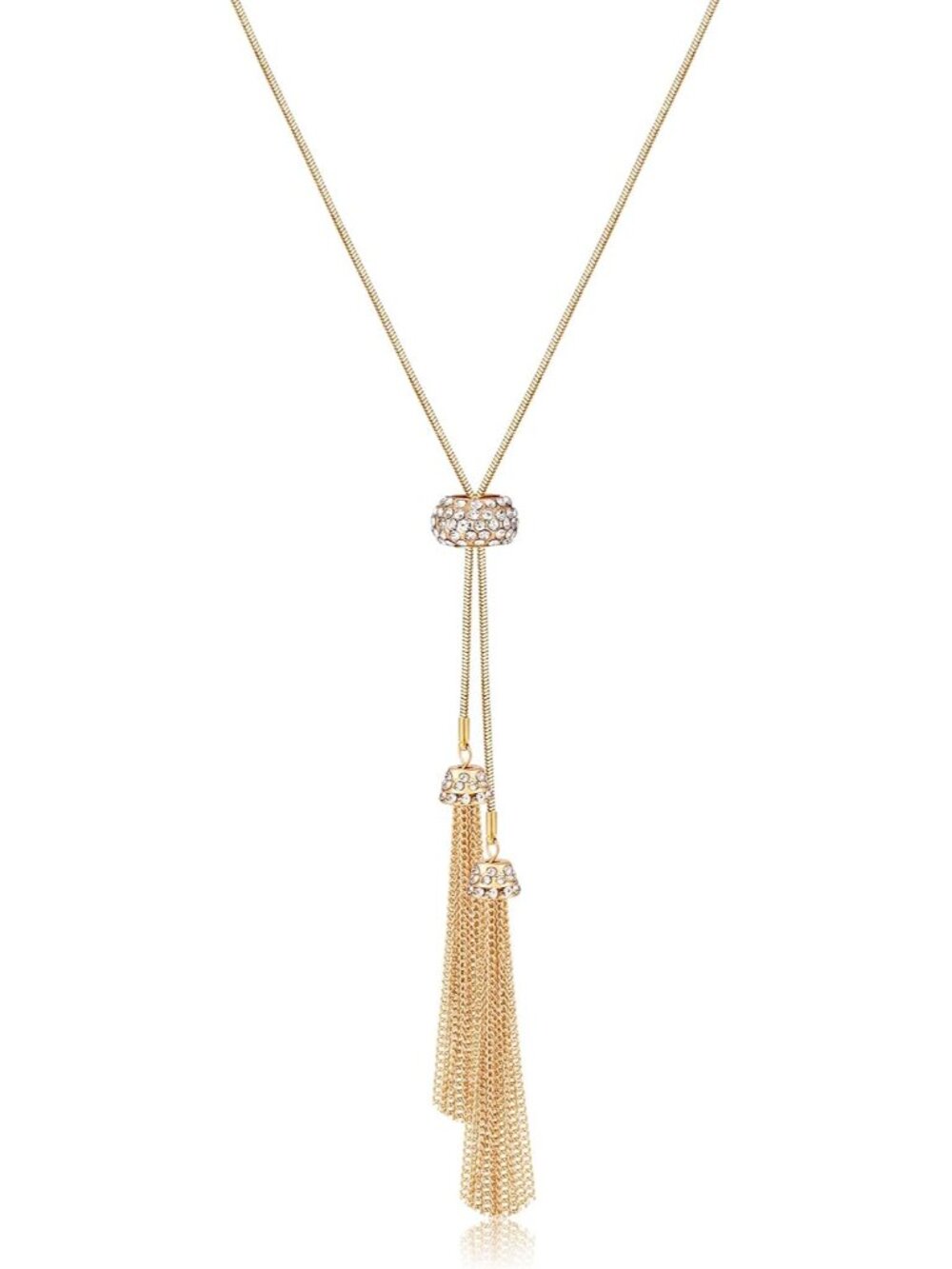 Tassel Pendant Lariat Y Necklace Long Snake Chain Necklaces with Adjustable Crys